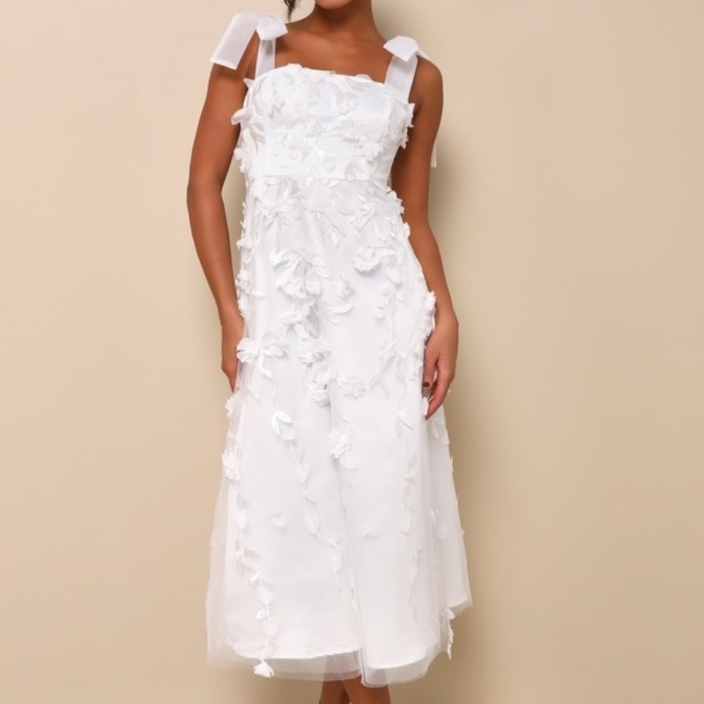 Lulus Effortlessly Sweet White Tulle 3d Floral Tie-strap Midi Dress - Size XXL